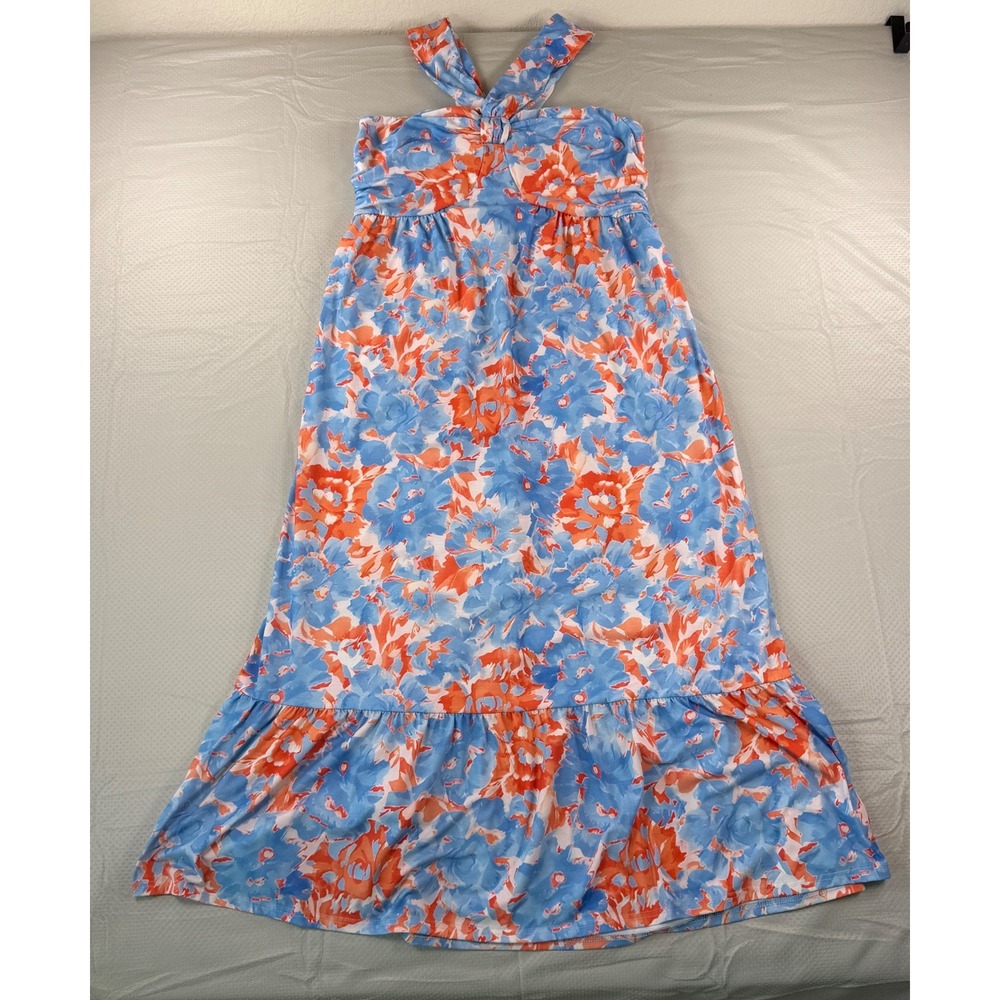 Grace Karin Large Floral Halter Sundress Blue Orange Pocket Stretch Midi Dress L